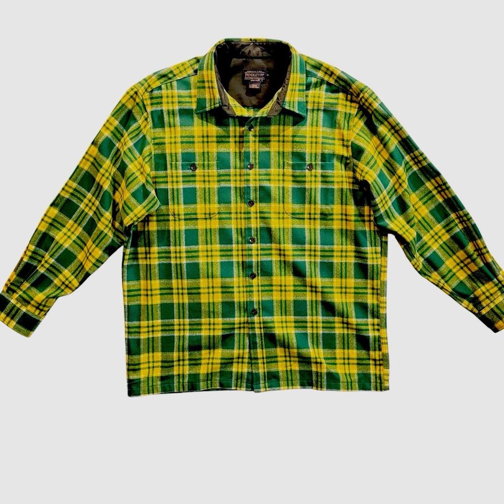 Pendleton Men's 100% Virgin Wool Plaid Long Sleeve Green Yellow Oregon Ducks - Picture 3 of 8